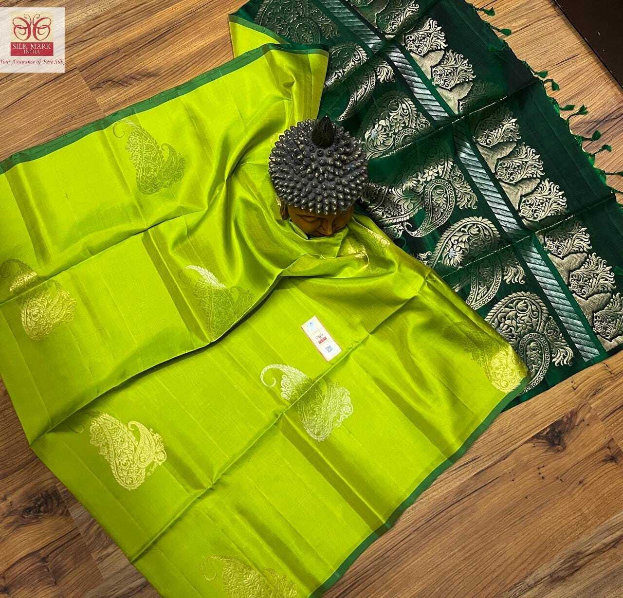 Pure Silk Handloom Saree - Double Warp Silk, Parrot Green Color With Grand Zari Work | Silk Mark Certified, Contrast Rich Pallu, Unique Aravata Butta Design