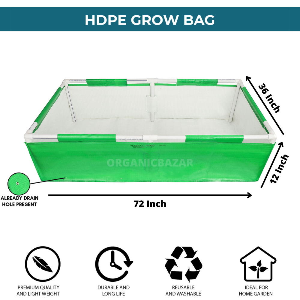 Organicbazar - 350 Gsm Hdpe Rectangular Grow Bag 72x36x12 Inches, Durable, Uv Stabilized, Lightweight, Washable, Reusable For Home & Terrace Gardening