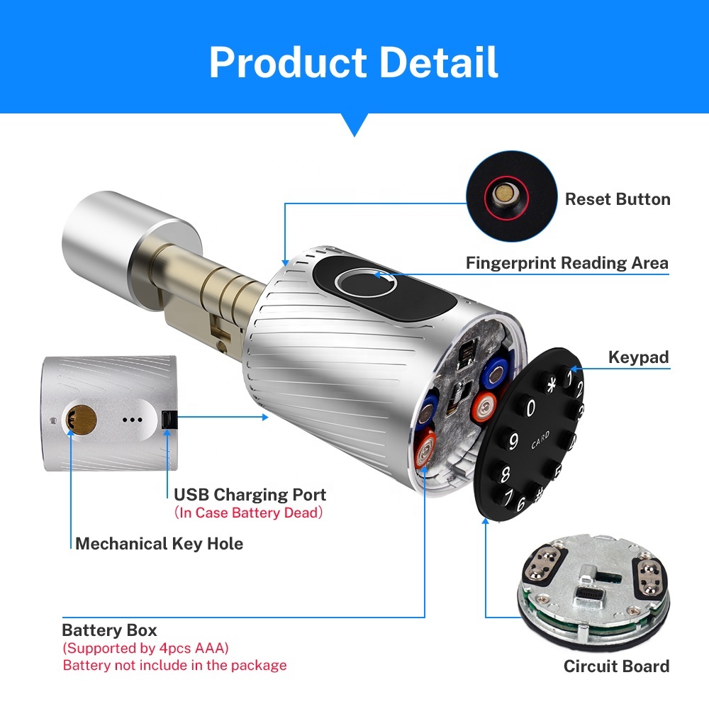 Black Adjustable Wifi Ble Digital Door Lock Smart Cylinder Fingerprint Keypad Lock With Mechanical Key