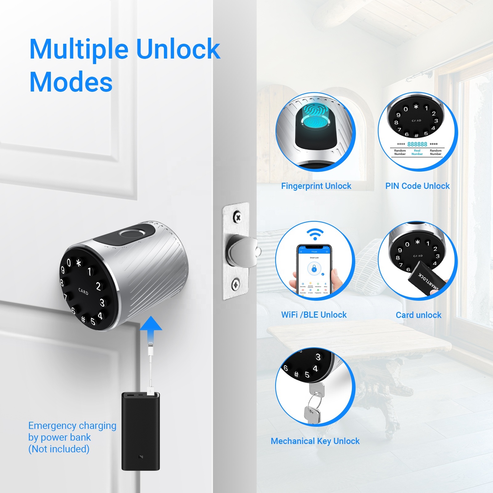 Black Adjustable Wifi Ble Digital Door Lock Smart Cylinder Fingerprint Keypad Lock With Mechanical Key