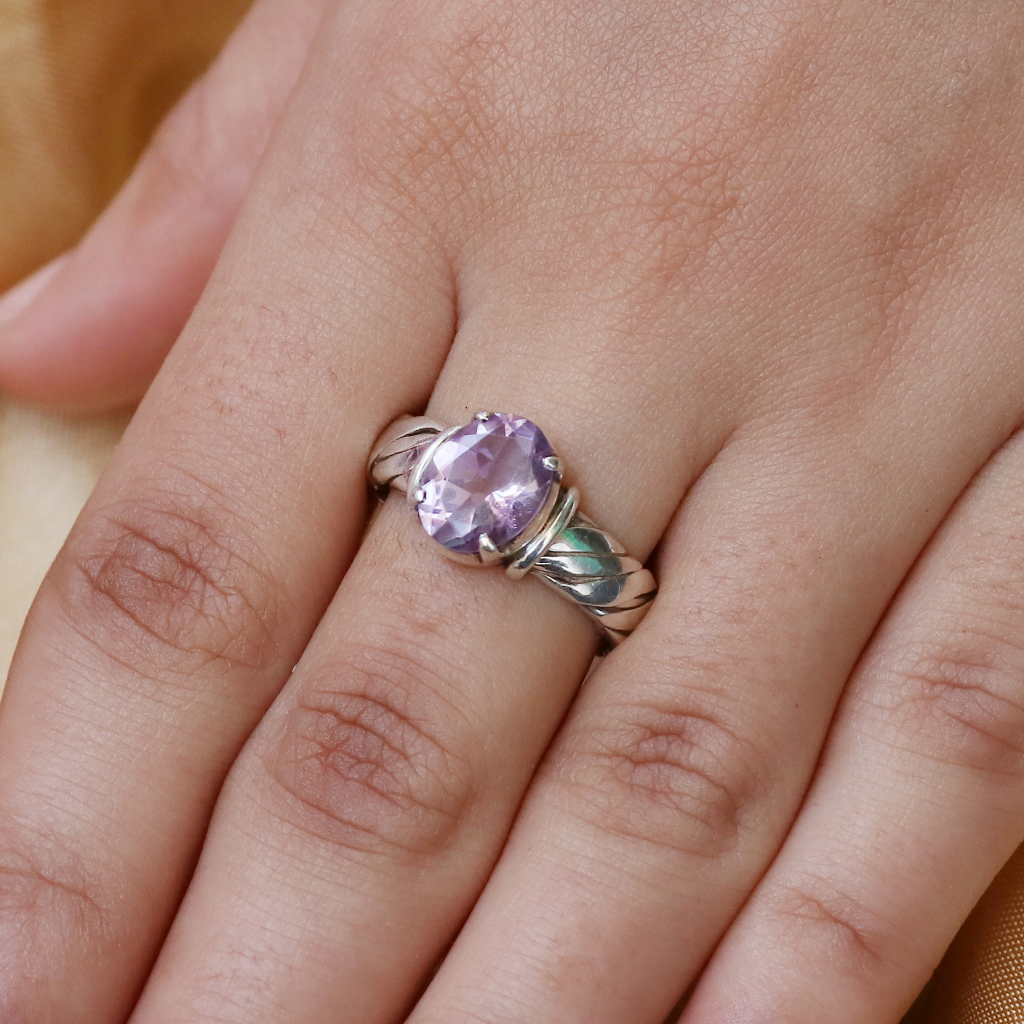 925 Sterling Silver Ladies Amethyst Birthstone With Braided Band Ring