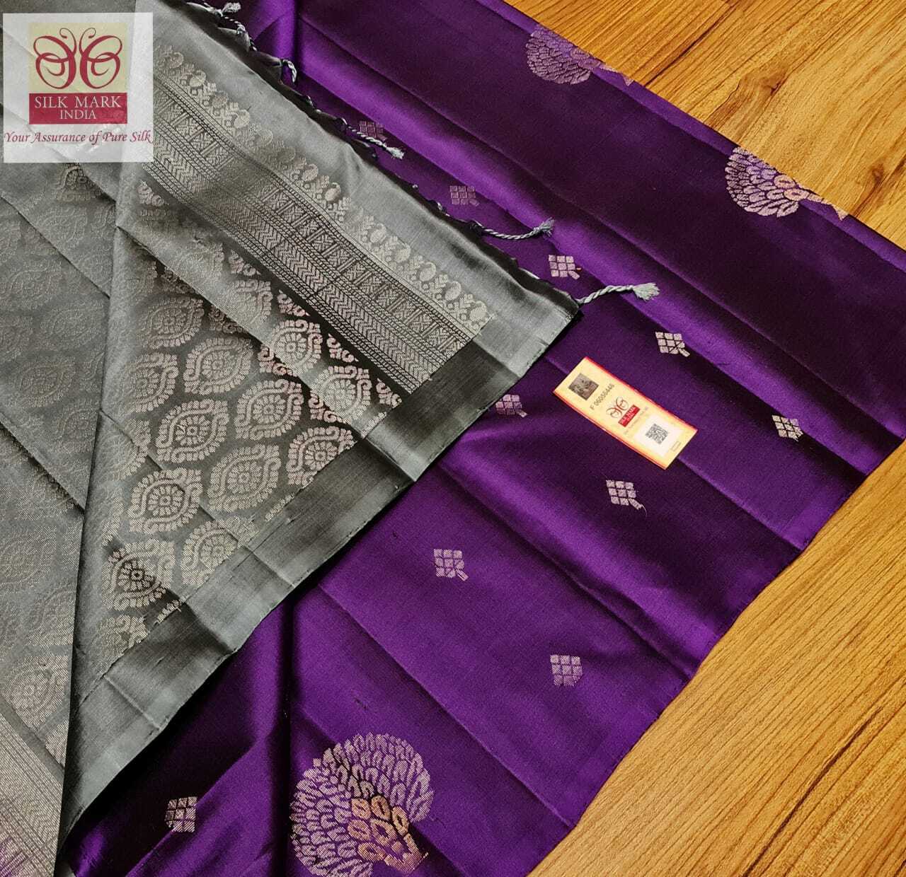 Pure Kanjivaram Soft Silk Saree - Handwoven Double Warp Silk In Unique Dark Purple | Gold & Silver Zari Work, Meena Work Butta, Rich Pallu & Blouse, Silk Mark Certified