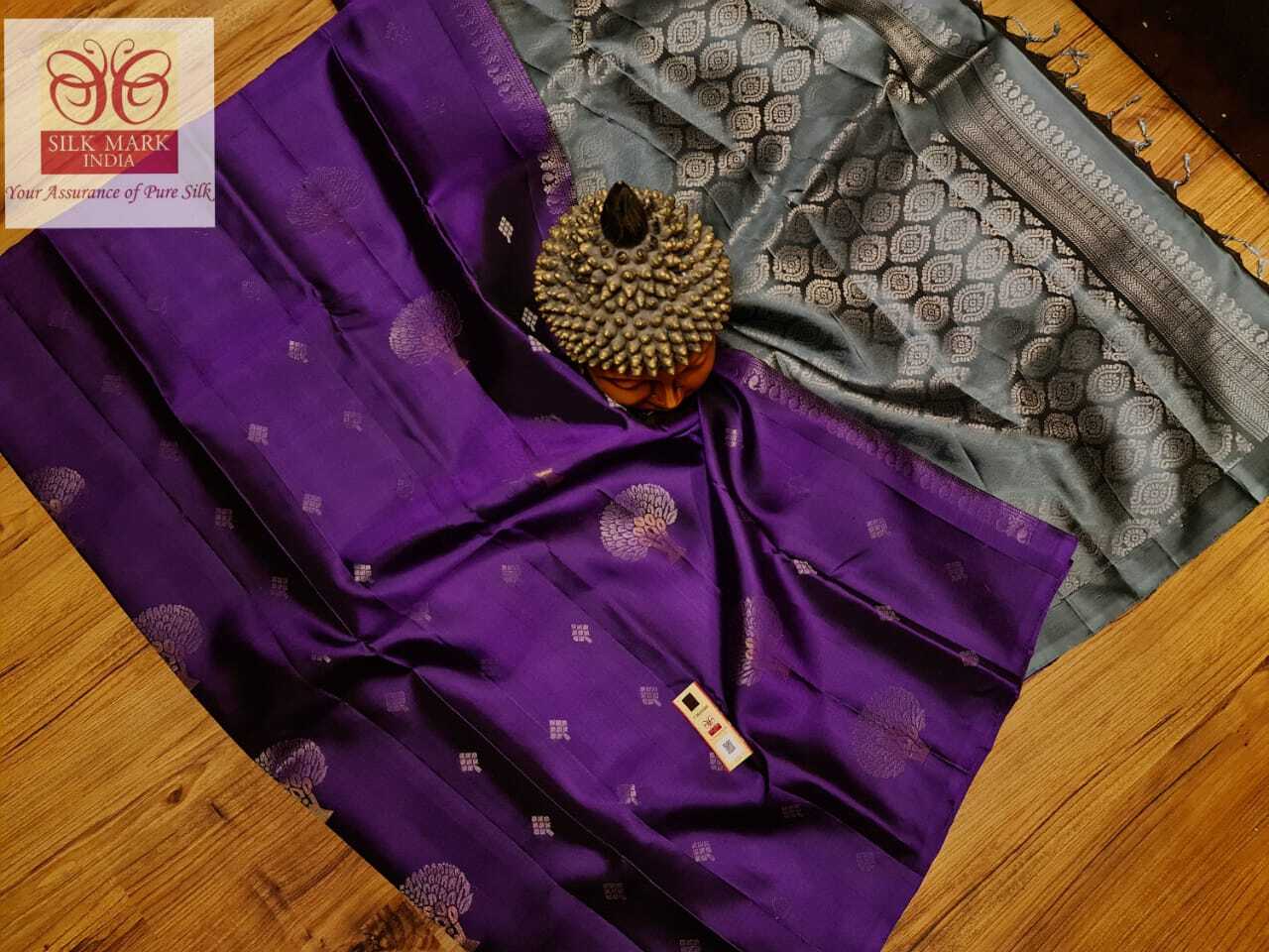 Pure Kanjivaram Soft Silk Saree - Handwoven Double Warp Silk In Unique Dark Purple | Gold & Silver Zari Work, Meena Work Butta, Rich Pallu & Blouse, Silk Mark Certified