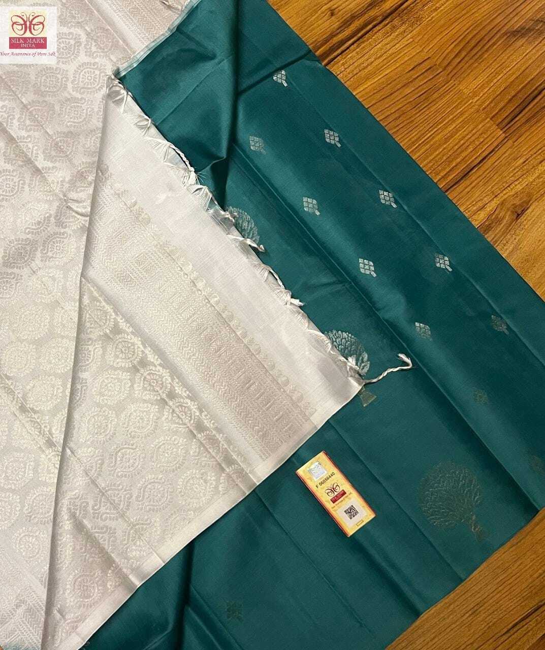 Pure Kanjivaram Soft Silk Saree - Handwoven Double Warp Silk In Unique White & Green | Gold Jarie & Silver Weaving With Meena Work, Silk Mark Certified, Rich Pallu And Blouse