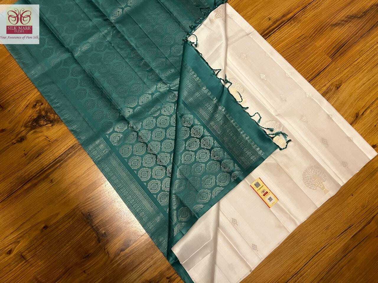Pure Kanjivaram Soft Silk Saree - Handwoven Double Warp Silk In Unique White & Green | Gold Jarie & Silver Weaving With Meena Work, Silk Mark Certified, Rich Pallu And Blouse