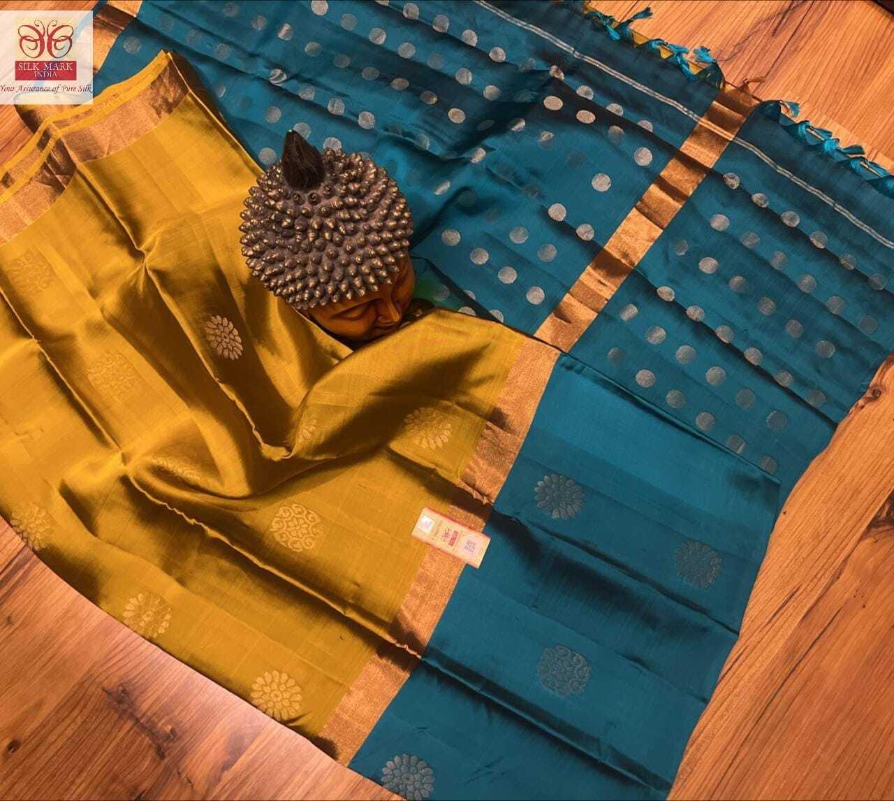 Green With Blue Pure Kanjivaram Silk Turning Border Rich Pallu