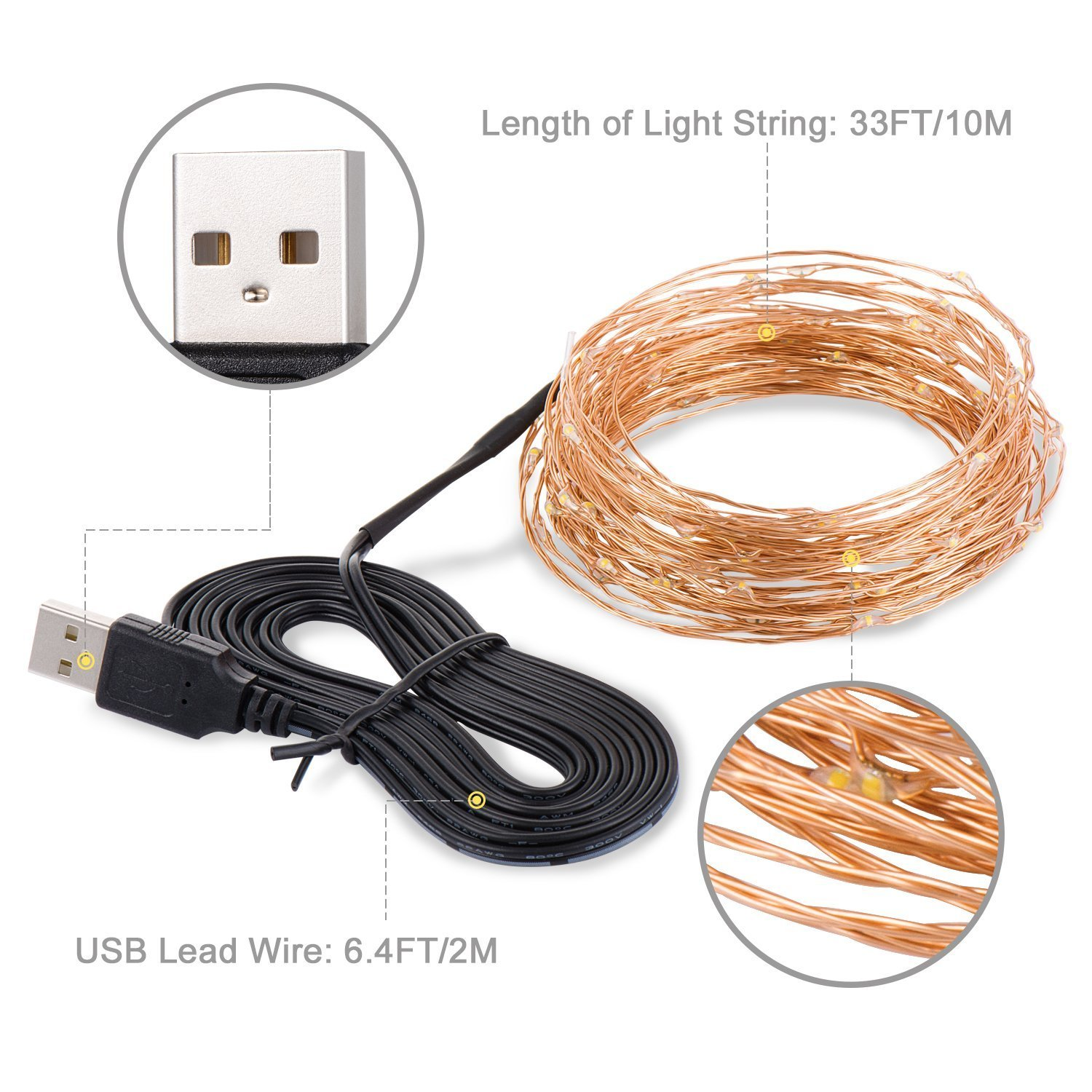 10 Mtr Copper String Usb Operated Decorative Fairy Light - Copper Material, 10m Length, Multi Color Lighting , Ideal For Indoor & Outdoor Decoration