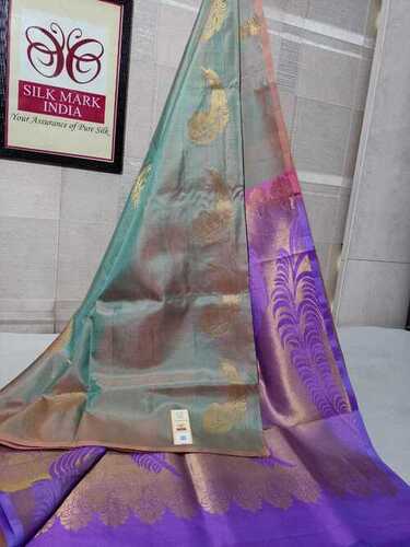 डबल शेड कलर कांजीवरम हाथ से बुनी हुई सिल्क साड़ी.