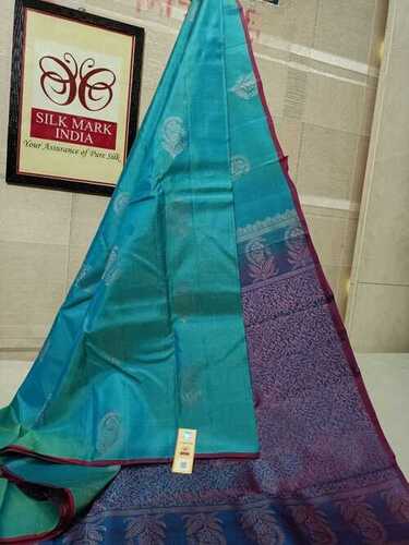 ब्लू कांजीवरम सॉफ्ट सिल्क मैरी वर्क साड़ी