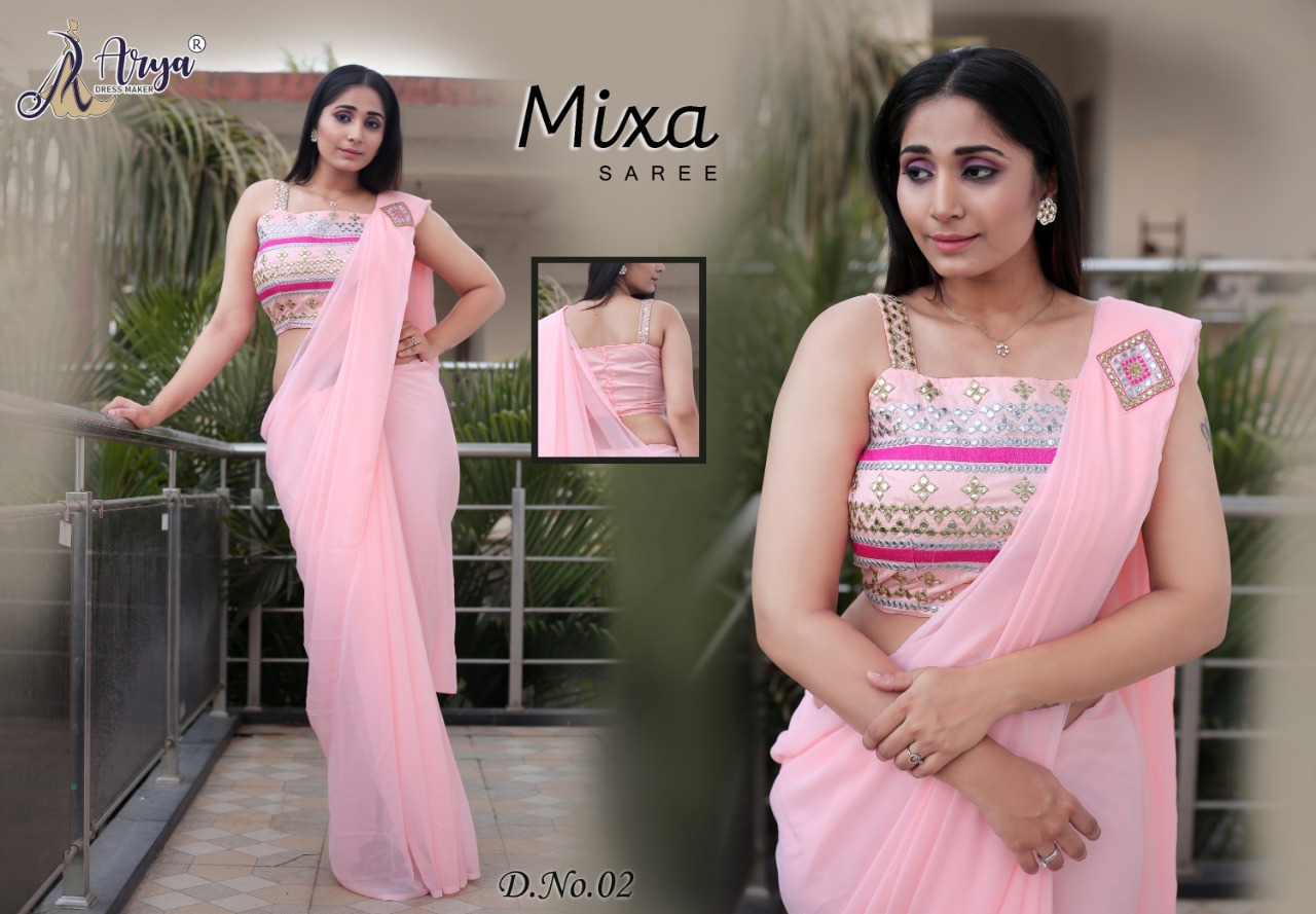 Mixa Saree - Georgette Fabric, 5.5 Mtr Length With Thred Mirror Work, Unstitched Blouse In Benglory Satin - Elegant Party Wear For Spring Season