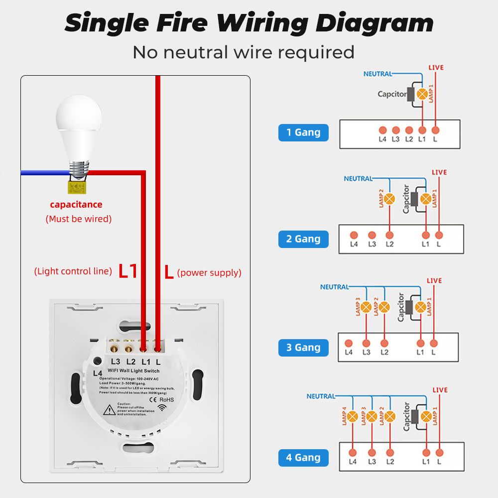 Tuya Wifi Smart Touch Switch Light Without No Neutral Wire Glass Wall Eu 2 Way 1/2/3/4 Gang For Alexa Google Home Dimension(l*w*h): 15x15x10  Centimeter (Cm)