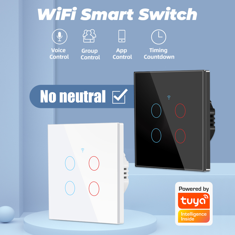 Tuya Wifi Smart Touch Switch Light Without No Neutral Wire Glass Wall Eu 2 Way 1/2/3/4 Gang For Alexa Google Home Dimension(l*w*h): 15x15x10  Centimeter (Cm)