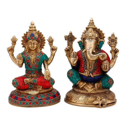 Metal Laksmi Ganesha Statue In Dual Stone Work Finish By Aakrati