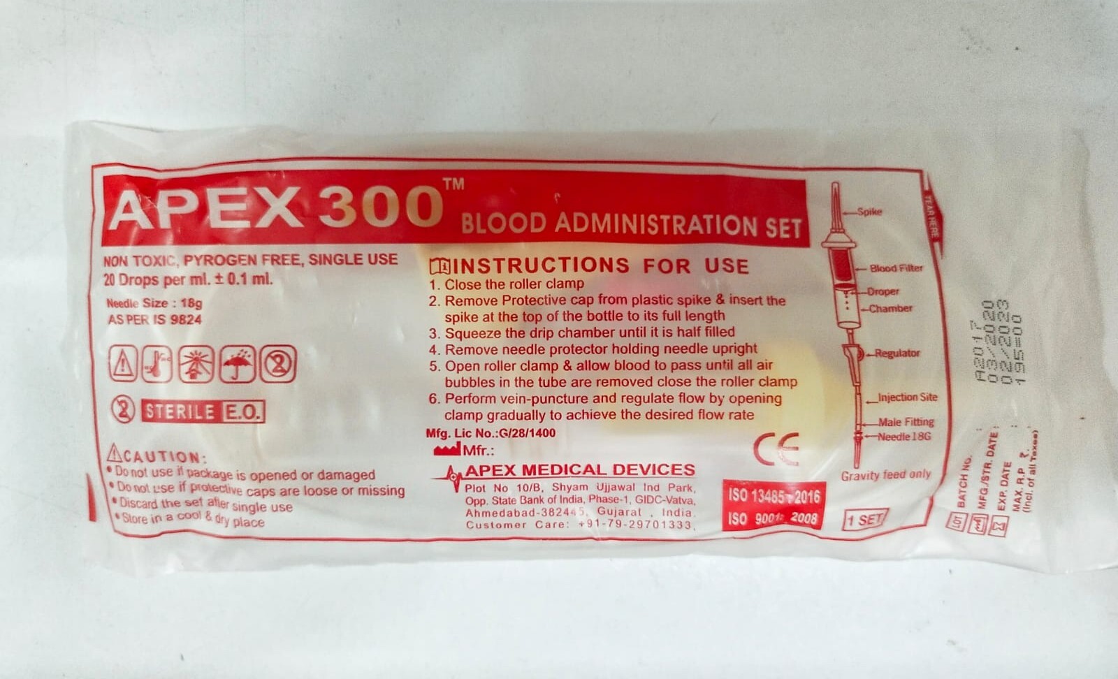 Apex 300 - Sterilized Non-toxic, 18g Pvc Blood Administration Set | Disposable, Pyrogen Free Usage For Hospitals
