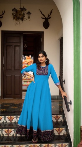 Designer Fancy Gown - Taffeta Silk Heavy Gown Kurti | Full Sleeves, Printed Pattern, Breathable Fabric, Available in M L XL 2XL, Length 54 Inch