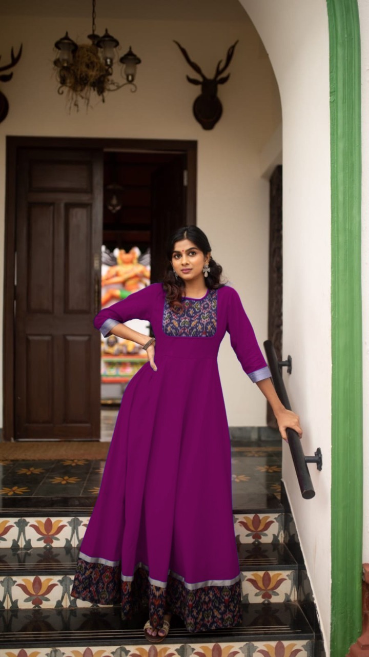 Designer Fancy Gown - Taffeta Silk Heavy Gown Kurti | Full Sleeves, Printed Pattern, Breathable Fabric, Available In M L Xl 2xl, Length 54 Inch