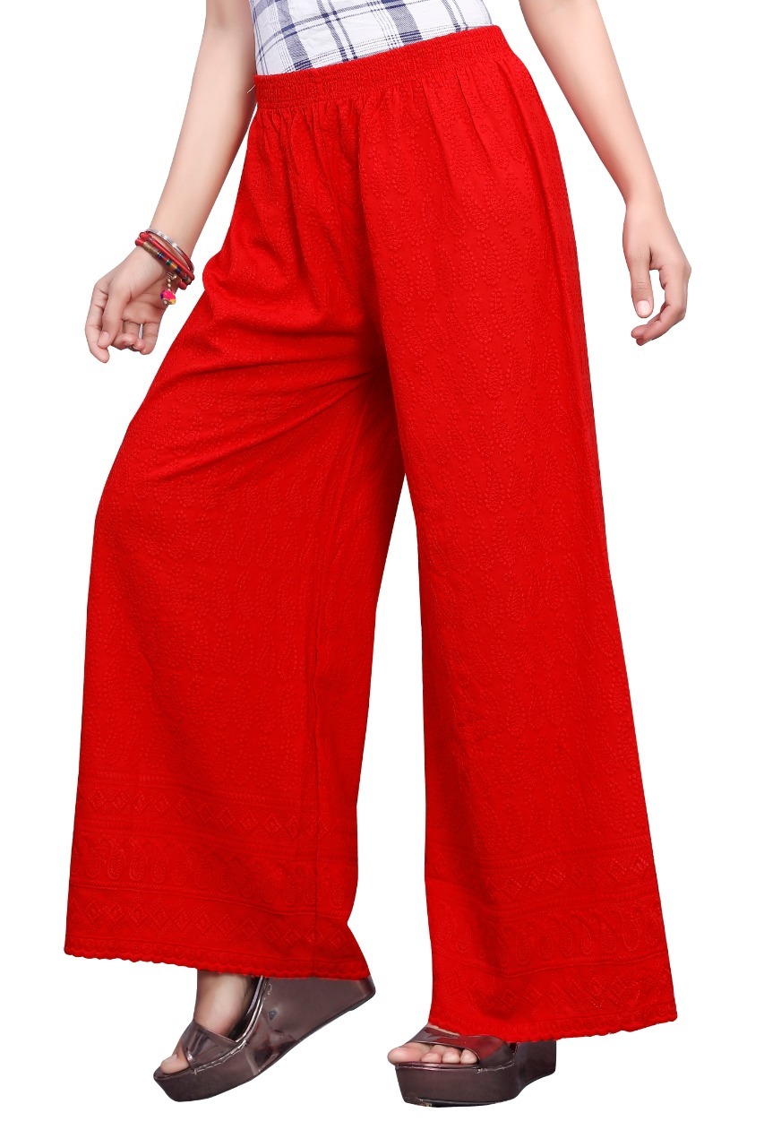 Full Chikan Work Plazzo - Rayon, Free Size, Red | Breathable, No Fade, Machine Washable, Embroidered For All Seasons, Ethnic Indian Casual Wear