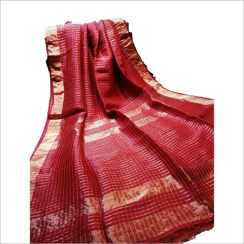 Ladies Cotton Square Check Saree - Cotton Fabric, Red Hue | Featherlight, Party Wear, Checked Pattern, All-Season Elegance