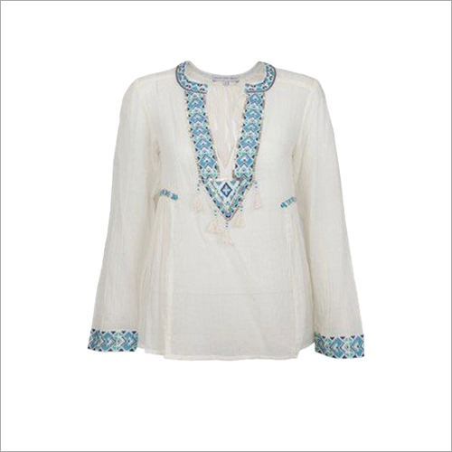 Women Designer Top - Cotton Material, Available in Sizes XS to XXL, Ivory White - Full Sleeves, Embroidered Neck and Wrist Details, Perfect for Layering