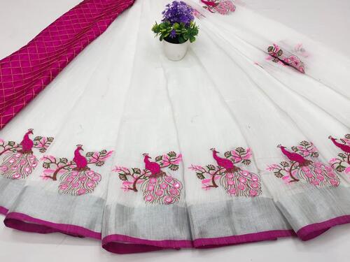 PEACOCK SAREE - Semi Linen Cotton, 5.50 Mtr Length, Full Malti Work Pallu, Banglori Satin Blouse | Breathable, Washable, Customized Logo