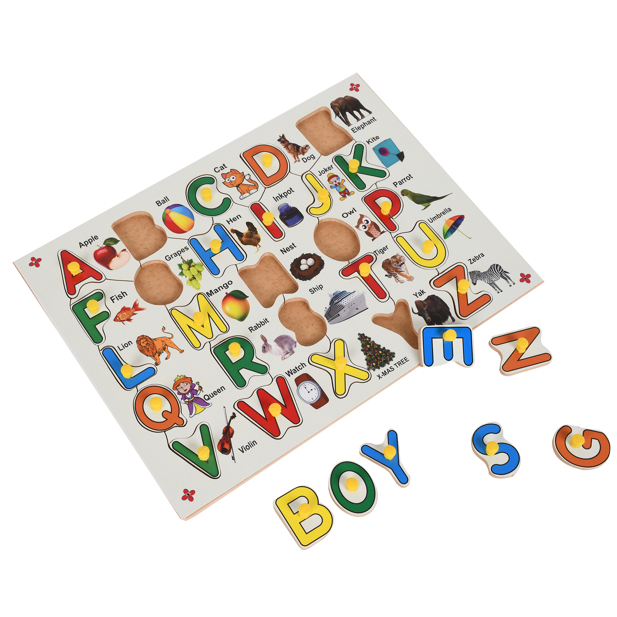 Alphabet With Knobs Puzzle - Wooden, 30 X 23 Cm, Multi-color | Develops Motor Skills, Encourages Letter Recognition