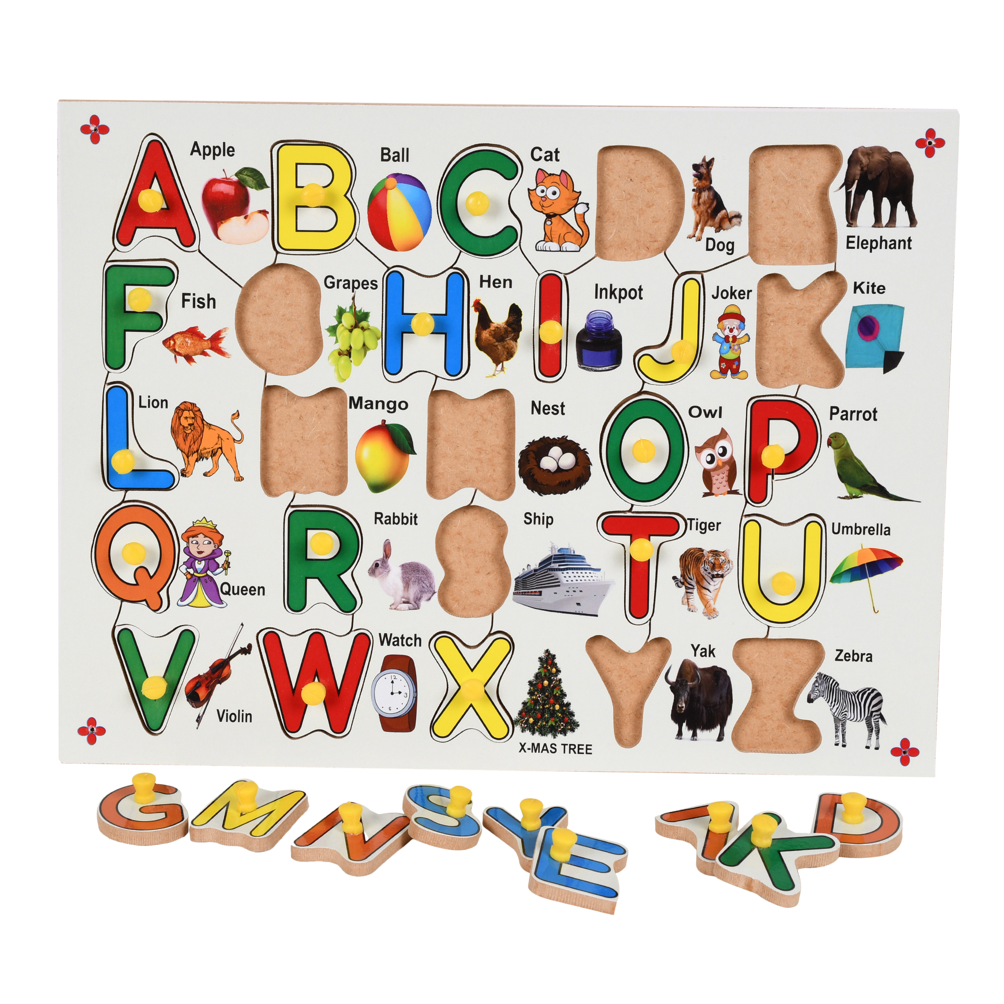Alphabet With Knobs Puzzle - Wooden, 30 X 23 Cm, Multi-color | Develops Motor Skills, Encourages Letter Recognition