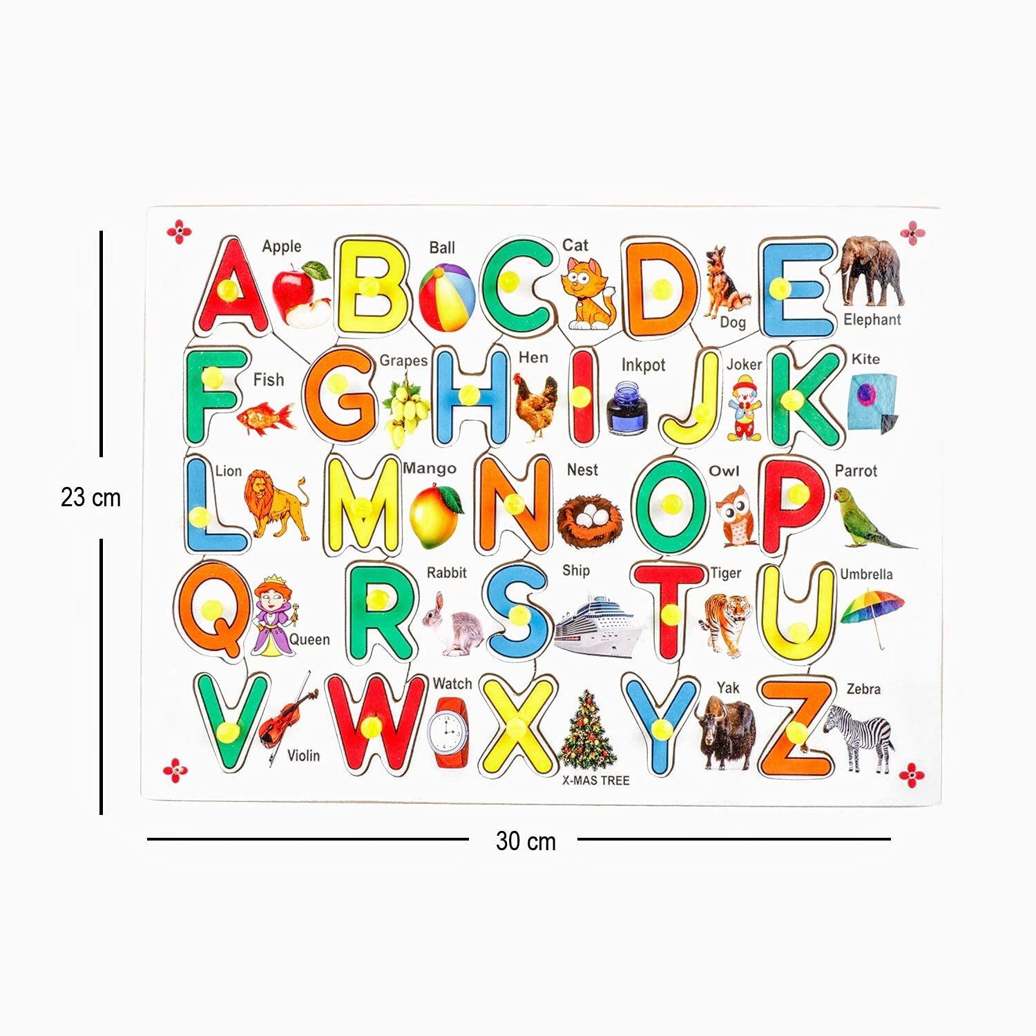 Alphabet With Knobs Puzzle - Wooden, 30 X 23 Cm, Multi-color | Develops Motor Skills, Encourages Letter Recognition