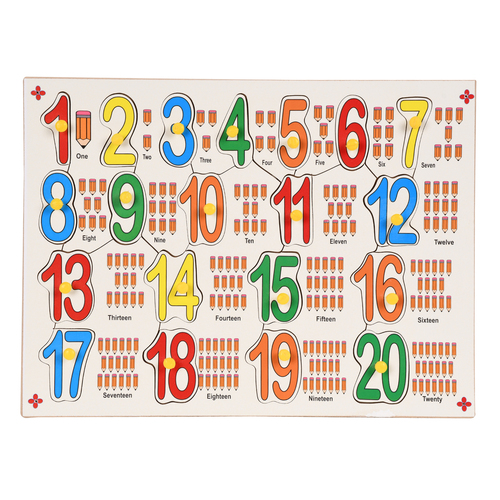 Wooden Numbers Board - 9x12 Inch Multi-Color, Ideal for Age 2+ with Picture Recognition and Knobs for Motor Skill Development