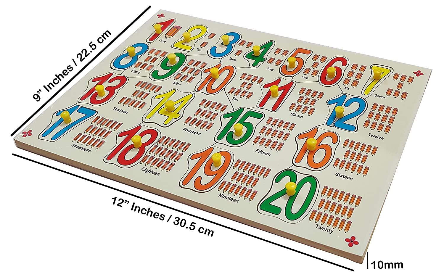 Wooden Numbers Board - 9x12 Inch Multi-color, Ideal For Age 2+ With Picture Recognition And Knobs For Motor Skill Development