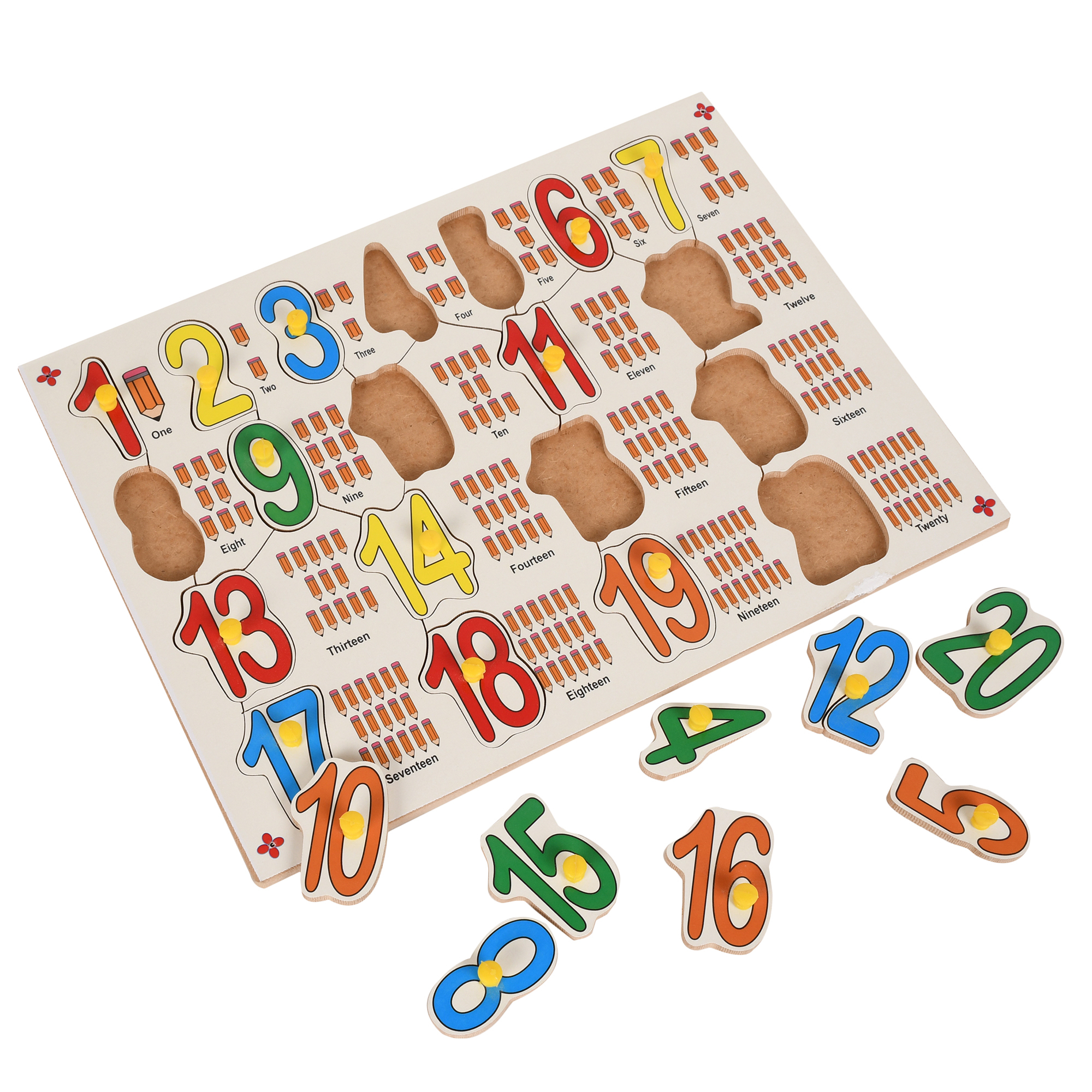 Wooden Numbers Board - 9x12 Inch Multi-color, Ideal For Age 2+ With Picture Recognition And Knobs For Motor Skill Development