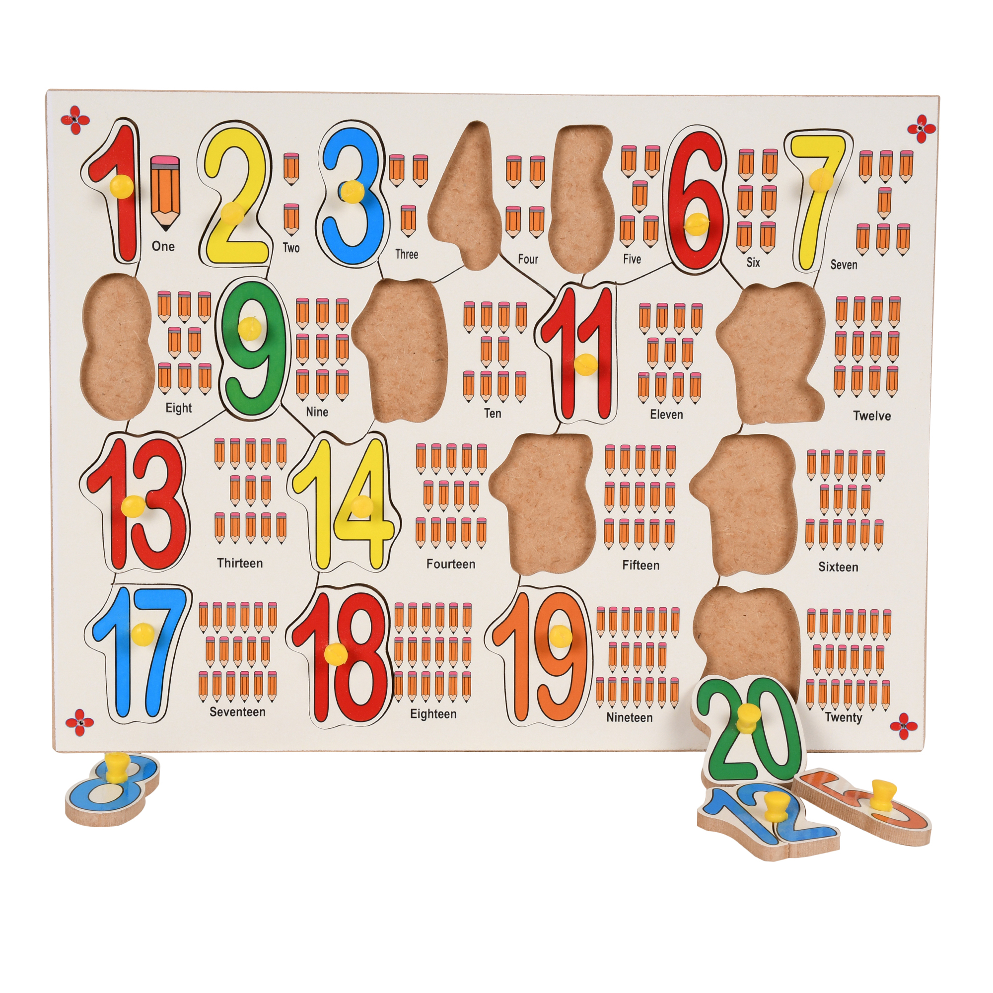 Wooden Numbers Board - 9x12 Inch Multi-color, Ideal For Age 2+ With Picture Recognition And Knobs For Motor Skill Development