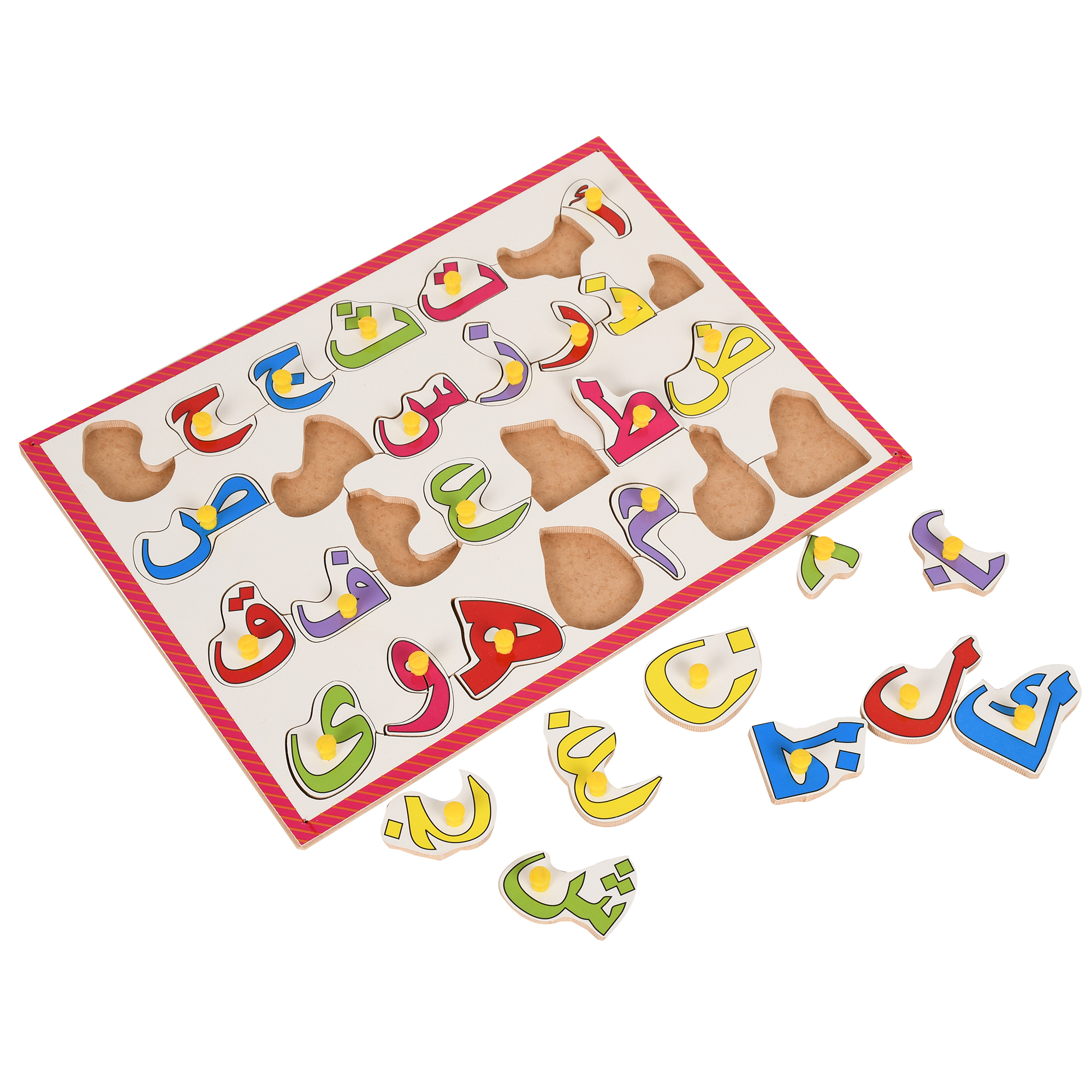 Pine Wood Arabic Alphabets With Knobs - Wooden Puzzle, 30 X 23 Cm, Multi-color | Fun Learning For 2+ Years, Identifying Letters, Enhances Motor Skills