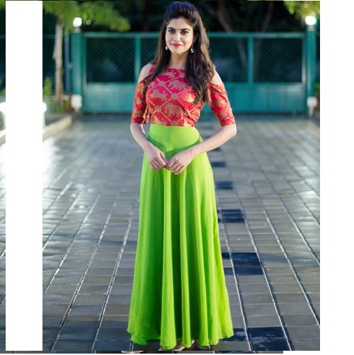 Designer Long Fancy Gown - Heavy Gown Kurti, Taffeta Silk Fabric, Sizes M, L, Xl, 2xl, 54 Inch Length, Short Sleeves, Breathable, Washable