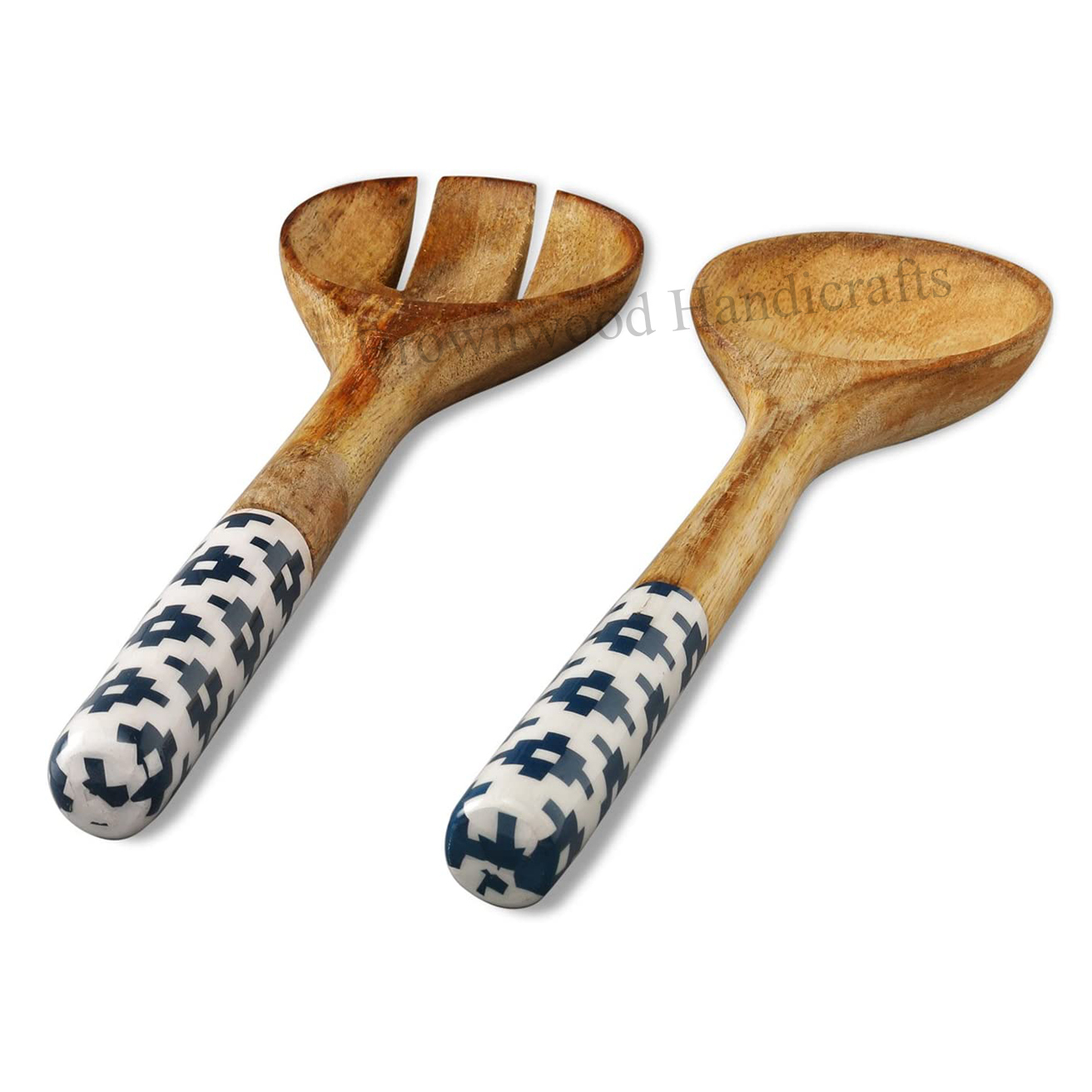 Mango Wood Enamel Painted Bowl With Spoon Fork