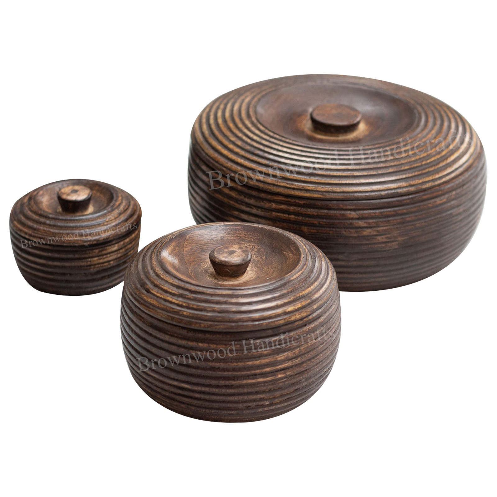 Burnt Mango Wood Bowls Set Of 3 With Lids