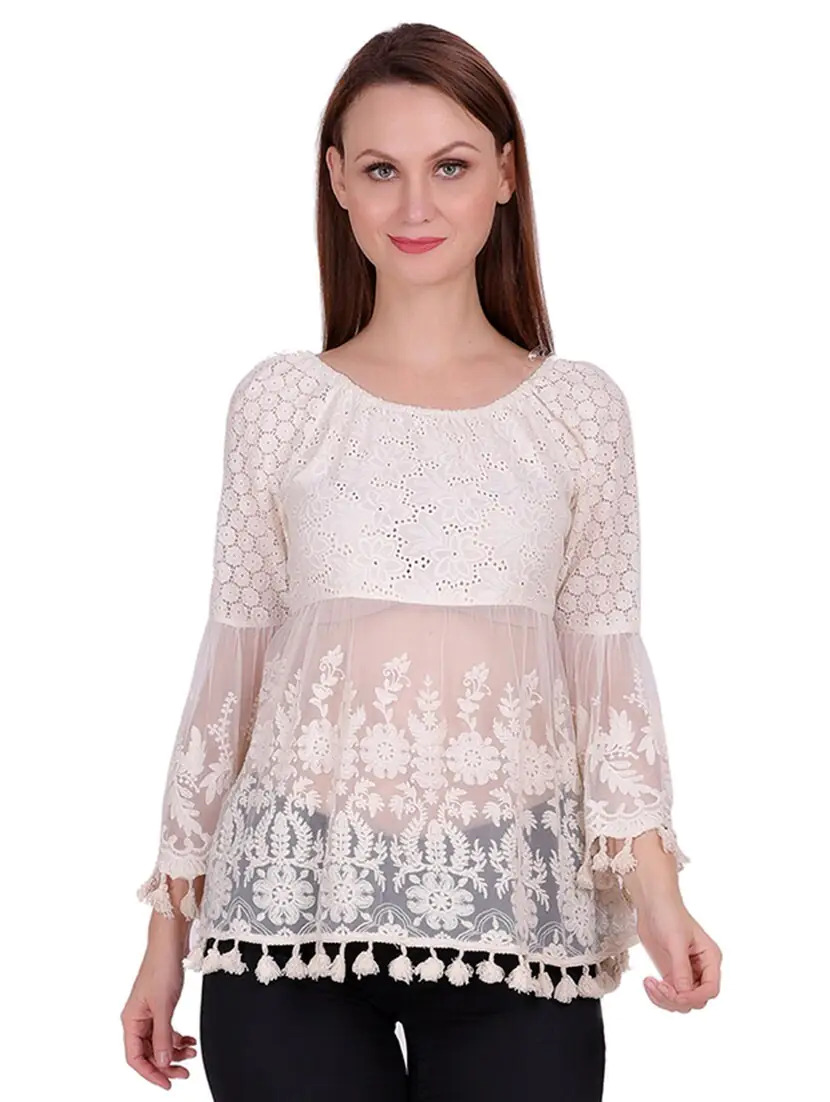 White Round Neck Self Design Top
