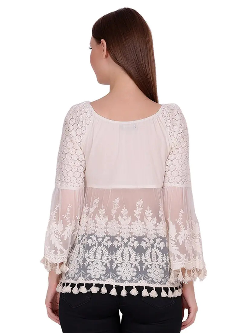 White Round Neck Self Design Top