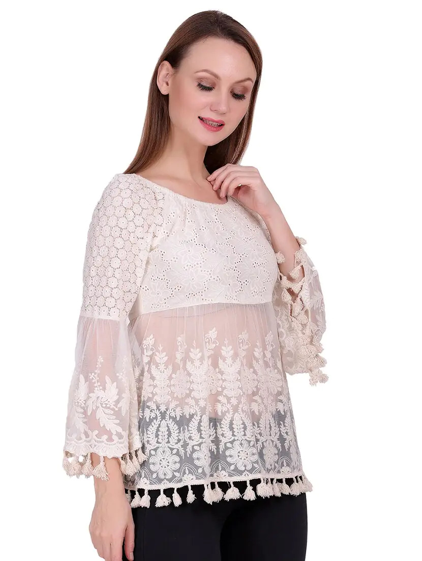 White Round Neck Self Design Top