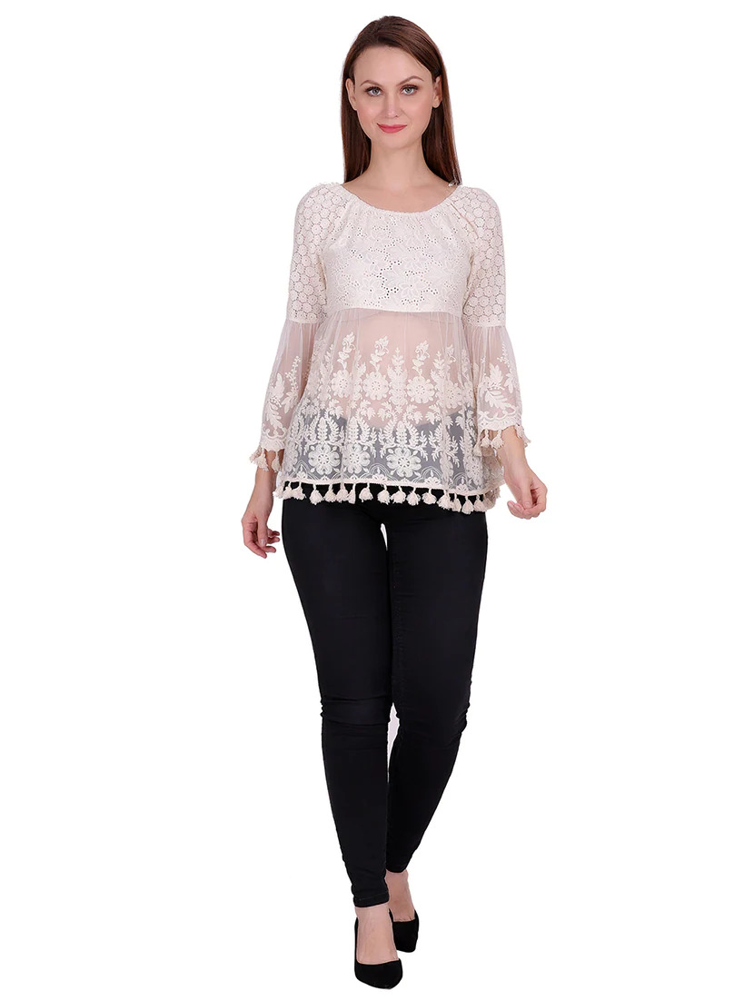 White Round Neck Self Design Top