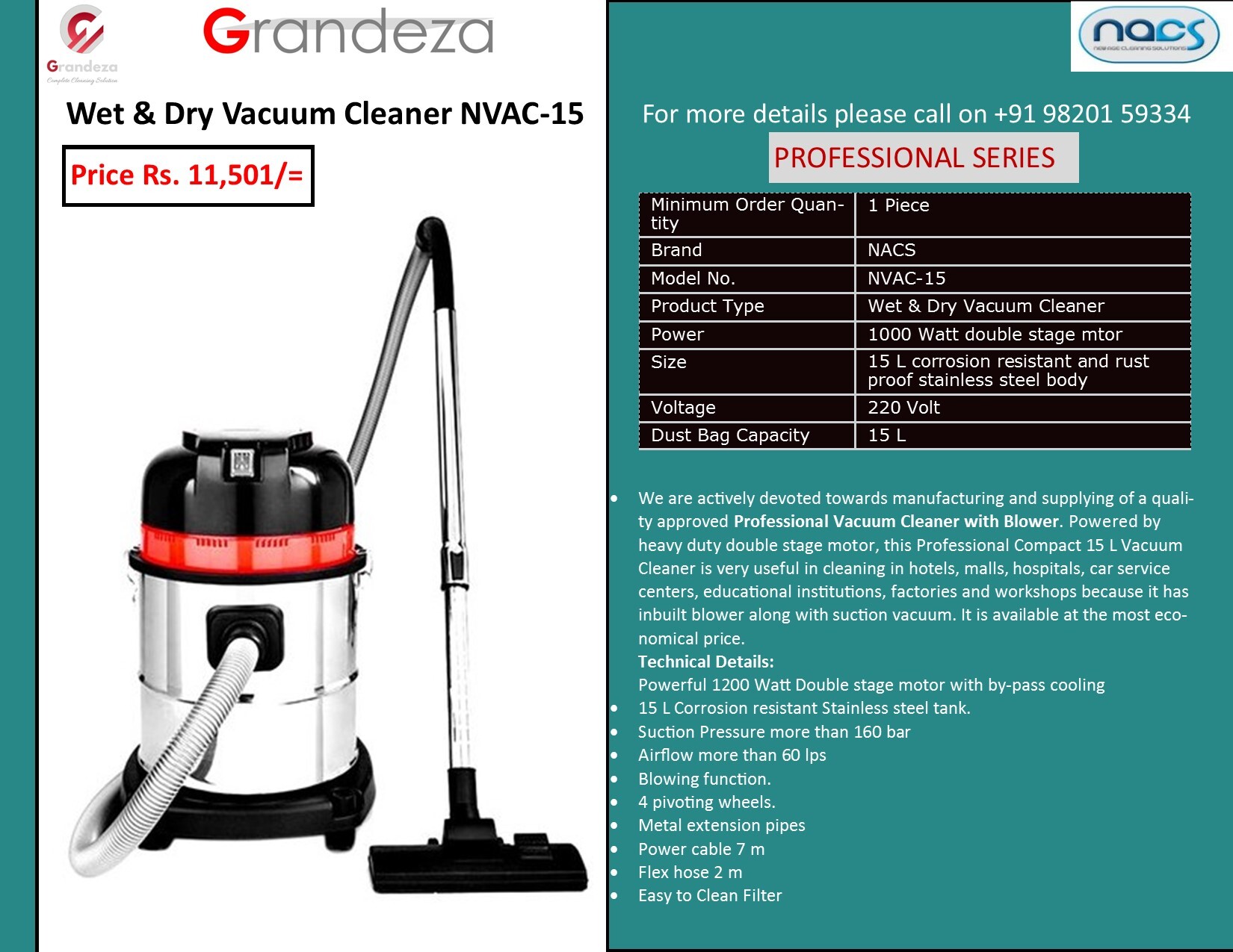 Nacs Wet N Dry Vacuum Cleaner Nvac 15 - Material: Metal
