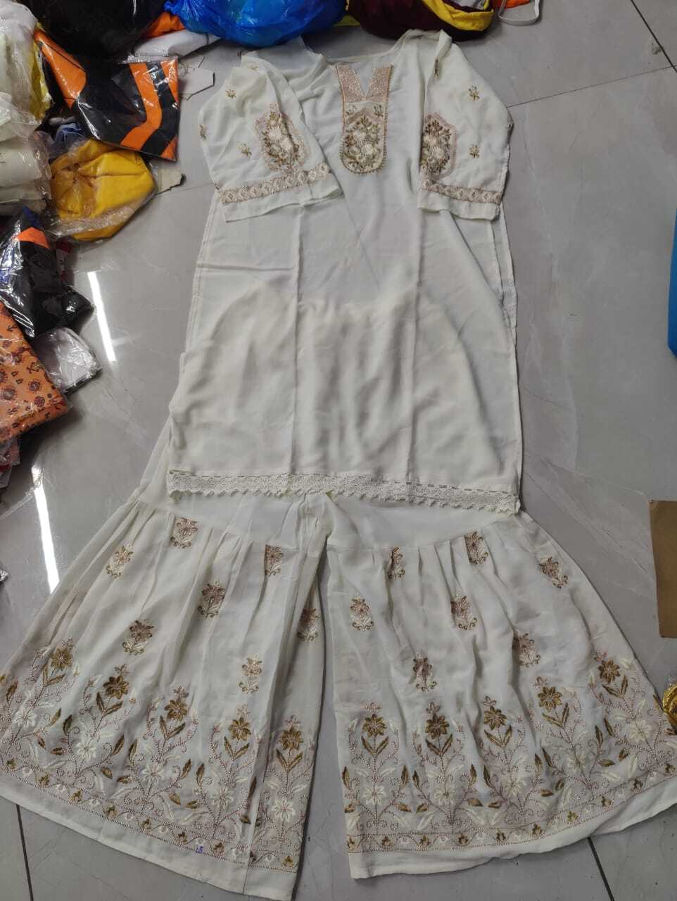 Embroidery Work Kurti With Fully Stitched Sharara - Georgette Fabric, Size Free, Customizable Logo, Washable, All Season Casual Wear, 230 Pieces Available