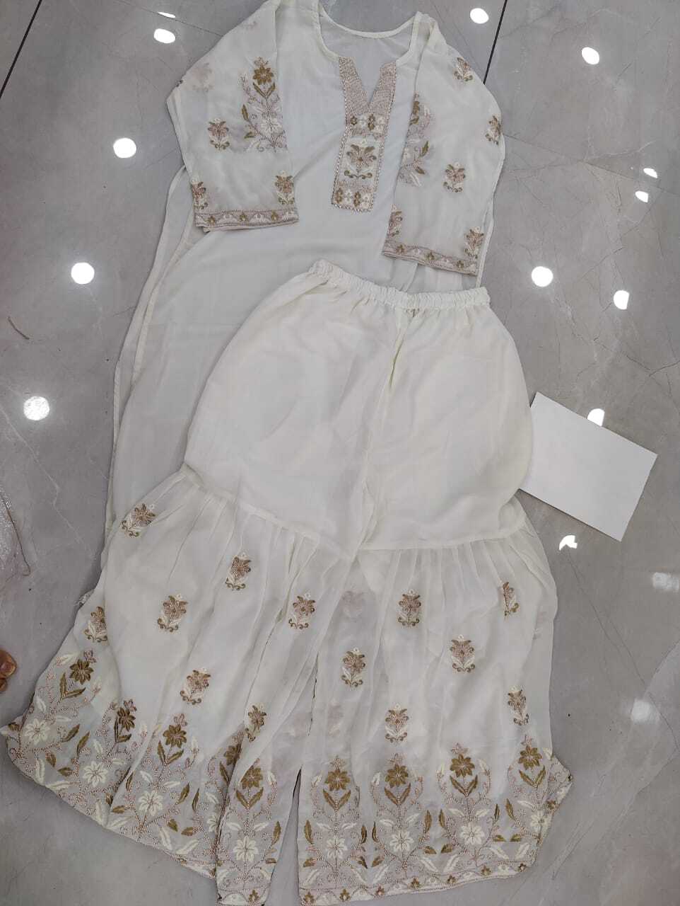 Embroidery Work Kurti With Fully Stitched Sharara - Georgette Fabric, Size Free, Customizable Logo, Washable, All Season Casual Wear, 230 Pieces Available