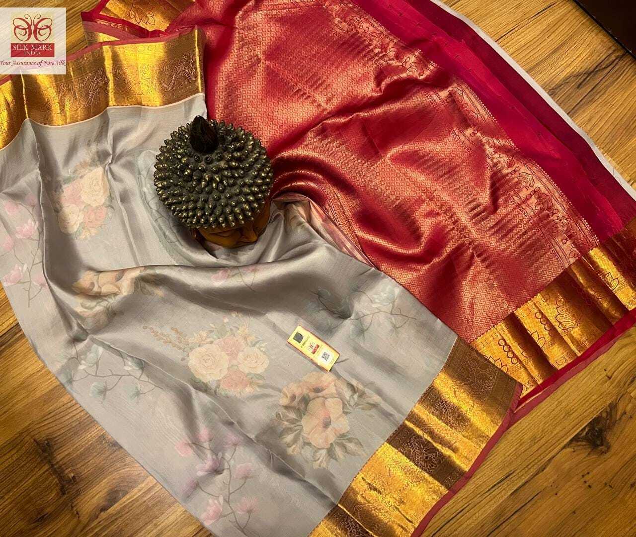 Light Grey With Pink Pure Kanchipuram Silk Saree Elegant Deigne