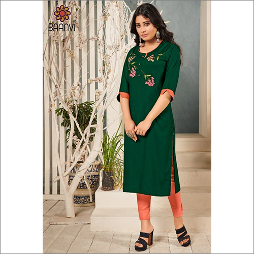 Indian Green Rayon Slub Embroidery Suit