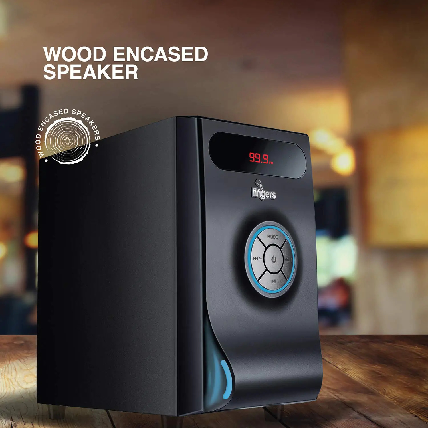 Fingers Joshhh Wooden Encased Multimedia 2.1 Speaker Deep Bass 20 Watts Remote Control Led Light Effects Bluetooth Fm Radio Usb Microsd Aux Rca