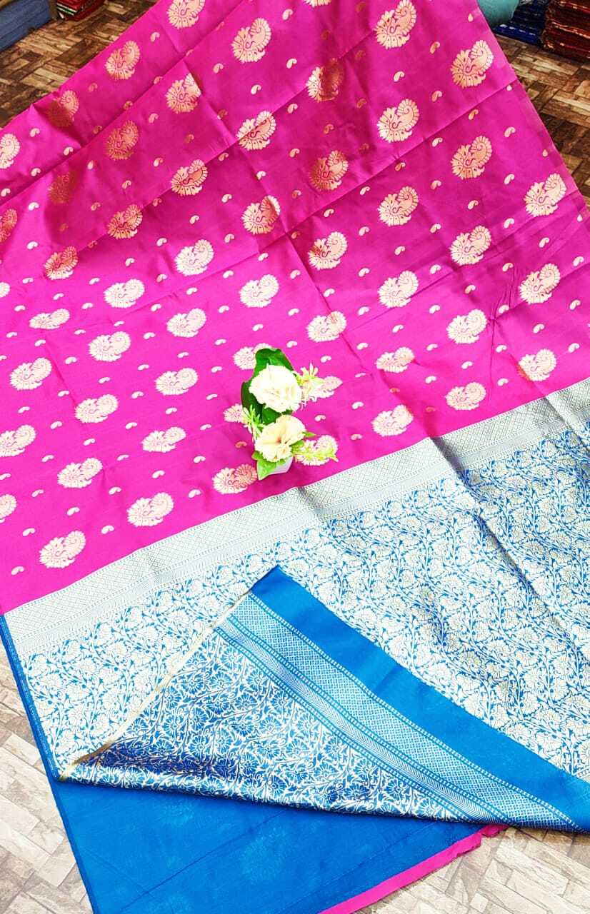 Soft Lichi Silk Saree - Elegant Jacquard Weaving & Beautiful Zari Butta , Breathable Fabric, Custom Size, All Season Traditional Wear