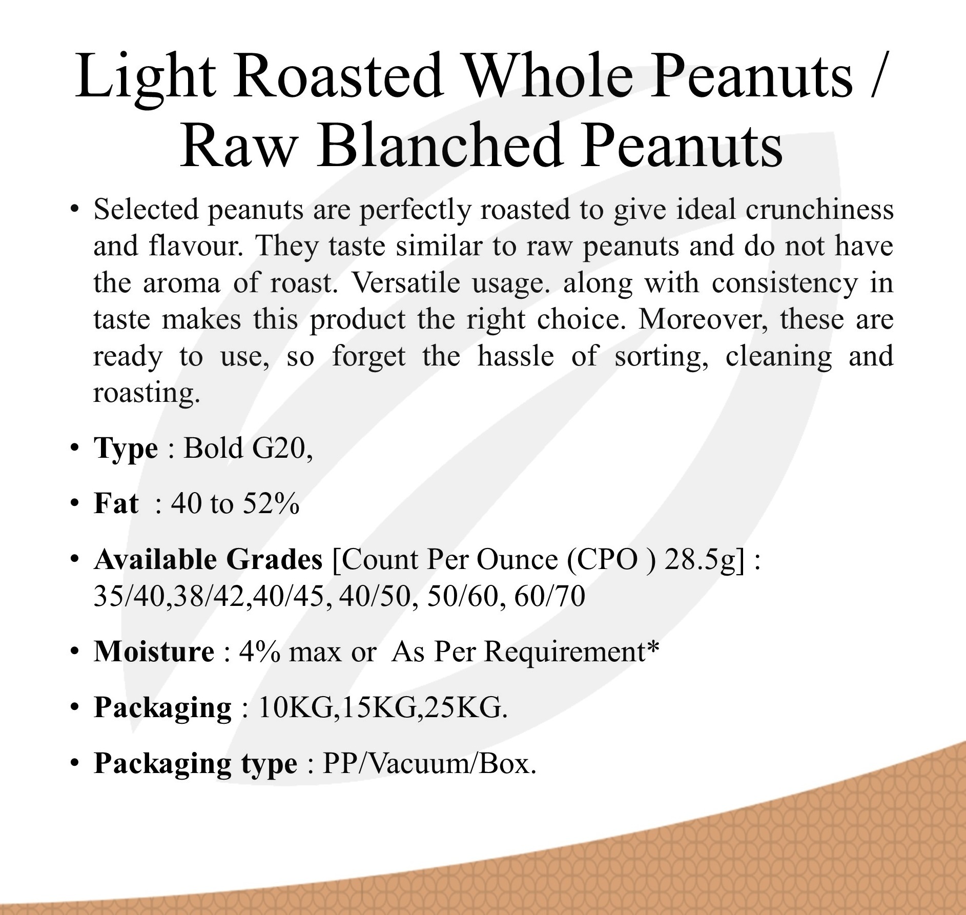Roasted Peanuts - Bold G20 | Unsalted, Versatile Usage, 40-52% Fat, Ideal Crunchiness