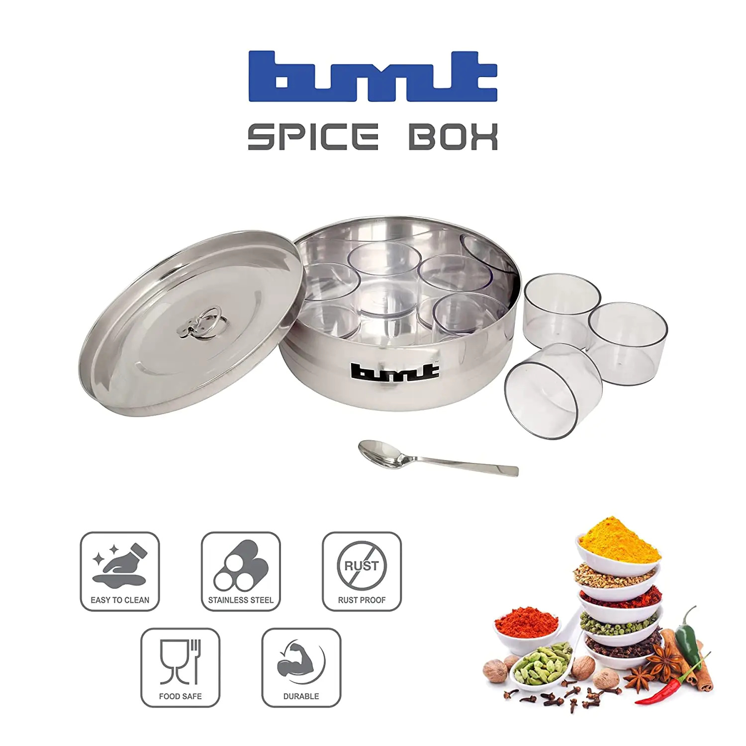 Spices Box - Stainless Steel | Compact 7-compartment Modular Design, Includes 7 Removable Containers & 1 Spoon, Dishwasher Safe