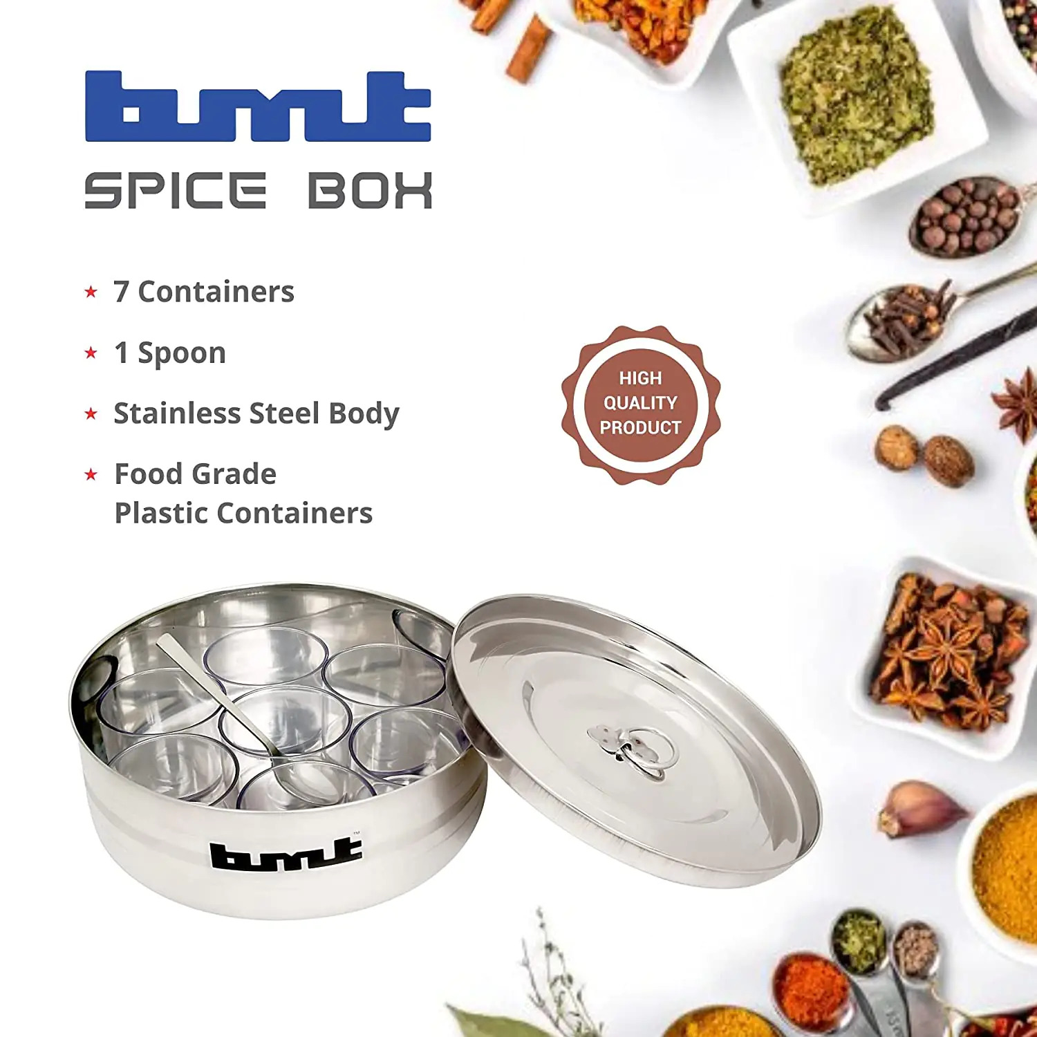 Spices Box - Stainless Steel | Compact 7-compartment Modular Design, Includes 7 Removable Containers & 1 Spoon, Dishwasher Safe