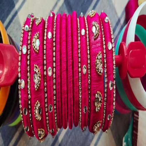 Dark Pink Silk Thread Embroidery Bangles Set